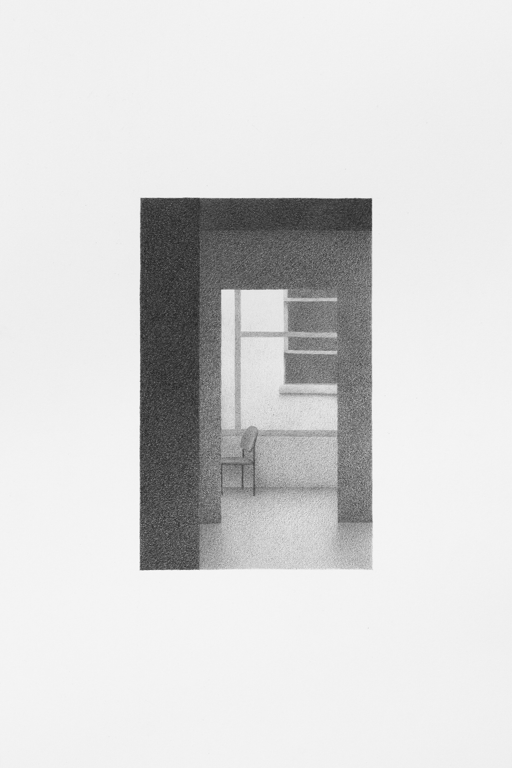 Drawing of an imaginary interior space in pencil on paper